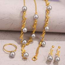 Conjunto de 4 joias femininas de pérolas artificiais em formato de folha de luxo, 1 colar com pingente + 1 par de brincos + 1 anel aberto + 1 pulseira, feito de liga de zinco com pérolas artificiais, elegante e chique, adequado para uso diário, festas, casamentos, feriados, pode ser presenteado para aniversários, festivais