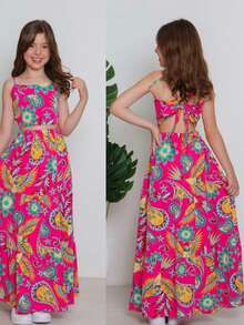 Girl's Set, Long Skirt And Cropped Top, Children's And Youth, 2 Pieces, Multicolored - 玫紅色 - 查看 4