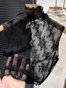 Lace Detachable Collar, Fashionable High Neck Frill Trim Mesh Camisole Top, Layering Sleeveless Tank Top - Black - View 4