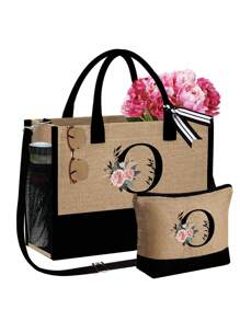 1 set, Bolso de mano tipo tote con estampado de flores con inicial A y correas para el hombro & Set de bolsas de maquillaje con iniciales de la A a la Z, bolso de regalo personalizado con bolsillos laterales, bolso de playa con pañuelo, bolsos de almacenamiento portátiles y de ocio, bolsas de compras multifuncionales, bolsa de almacenamiento simple para viajes