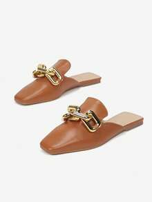 Metal Chain Embellished Minimalist Retro Slip-On Mules, Preppy Style - Camel - View 2