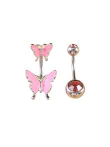 2-6 件 14G 肚脐环 316L 不锈钢方晶锆石、蝴蝶、心形肚脐环可爱日常场合精致肚脐穿孔女士肚脐穿孔套装，粉色 CZ 10 毫米条长