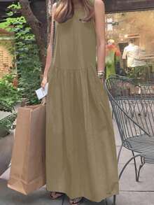 Spring And Summer Casual Round Neck Sleeveless Loose Solid Color Vest Long Full Skirt Dress, Long-Sleeved Cardigan, Fashion Contrast, Coat, Back-To-School Clothing, American Long Shirt, Teacher Clothing, Commuting, Minimalism, Office Wear, Retro, Simple, French Style, Autumn Tops Old Style, Warm, Teacher Sweater, V-Neck, Long Sleeves, Women's Casual Long-Sleeved Tops, Dating, Beach