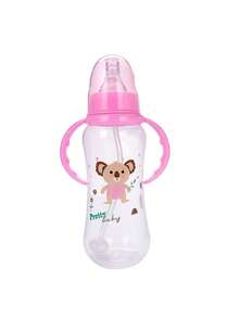 1pc Baby Milk Bottle With Cartoon Silicon Nipple, Shockproof Anti-Choke With Handle, Rotatable, 280ml, Pink Color With Straw And Gravity Ball - Multicolor - View 9