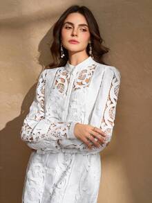 优雅女式立领褶饰腰部弹性 A 字连衣裙 - 白色 - 查看 6