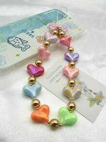 1pc Colorful Heart Beaded Bow Decor Lanyard Phone Case, Suitable For Daily Outfit, Beach Party Wear (Random Heart Color)