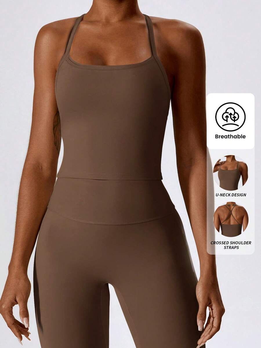 Yefecy Breathable Yoga Bra Outdoor Gym Running Sports Bra Fitness Tops For Women Quick Dry Workout Clothing Yoga Tank Top - 棕色 - 查看 1