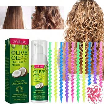 Mousse de Penteado com Óleo de Oliva + Ferro de Ondular - Retenção de Umidade para Modelagem de Cachos, Mousse Anti-Frizz de Longa Duração - Proporciona Umidade Duradoura e Suporte de Penteado para Tipos de Cabelos Danificados pelo Calor - Para Uso Diário e Ocasiões Especiais