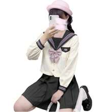 Sailor Uniform, Grey, High School Girl, Uniform, Cosplay, Cute, Authentic Uniform, Long Sleeves, 4-Piece Set, Embroidered Pattern, Bow, School Uniform, Girls' Uniform, Short Sleeves, JK, Halloween, Costume, Junior High School Student, School Uniform, Cultural Festival, School Festival, Graduation Ceremony