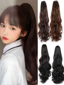Chic Claw-Clip Ponytail Extension For Kids - Long, Curly Wave Synthetic Hairpiece, Versatile & Stylish 1pc - Natural Black - View 1