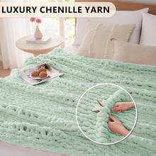 Chunky Knit Blanket - Soft Chenille Yarn Throws 40x50: Handmade Thick Cable Crochet Blanket - Large Chunky Yarn Rope Knot Throw For Couch, Sofa, Bed Home Decor - 乳綠色 - 查看 3