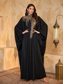 SUPGIR Women's Mandarin Collar Batwing Sleeve Sequin Patchwork Chiffon Elegant Slim-Fitting Evening Dress - Black - View 1