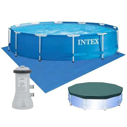  Piscina Estrutural Armação 6.503 Litros Azul 366cm com Bomba Filtrante Capa Proteção e Forro Intex