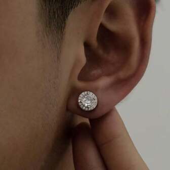 1pc 2025 Fully Rhinestone Men Stainless Steel Earrings, Unique Chic Luxury American Design, Fashionable Niche Design