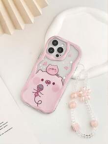 奶油纹理波浪边亮面粉色可爱小猪彩绘防震手机壳，配有手工串珠手链配件，兼容 16/11/16pro/16plus/16promax/16e/15Promax/13/14/12/XS/XR/7G/8P，兼容三星 Galaxy S25/S25PLUS 防水防摔防刮 - 彩色 - 查看 3