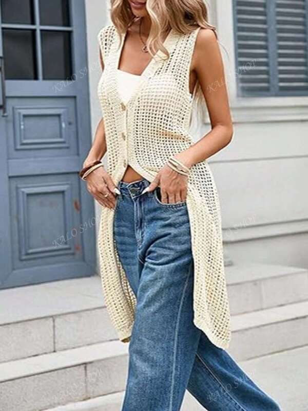 1pc Women Casual Solid Color Knit Front Button Split Hem Cardigan, Spring/Summer/Autumn