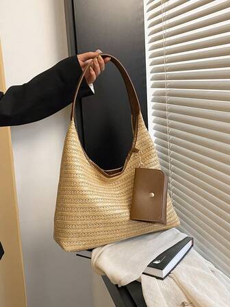 2025新款夏季女士草编沙滩包，时尚大容量单肩托特包，适合度假