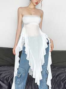 Off Shoulder Ruffled Hem Slim Fitted Solid Color Sleeveless Crop Top - White - View 4
