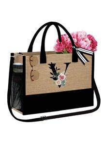 1 set, Bolso de mano tipo tote con estampado de flores con inicial A y correas para el hombro & Set de bolsas de maquillaje con iniciales de la A a la Z, bolso de regalo personalizado con bolsillos laterales, bolso de playa con pañuelo, bolsos de almacenamiento portátiles y de ocio, bolsas de compras multifuncionales, bolsa de almacenamiento simple para viajes