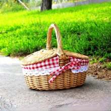 1 pièce Panier de transport rétro en osier pour l'extérieur avec poignée. Panier de pique-nique avec couvercle