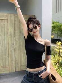 Women's Sexy Asymmetrical Neck Short Sleeve Fitted Crop Top