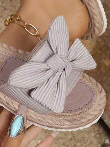 女士蝴蝶结装饰平底凉鞋，大码轻便夏季拖鞋，舒适时尚女士沙滩鞋，女士套脚人字拖 - 粉色 - 查看 7
