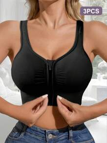 3 pièces Soutien-gorge de sport à fermeture éclair frontale pour femmes, confortable et respirant avec coussinets de poitrine, sous-vêtements de fitness et de yoga