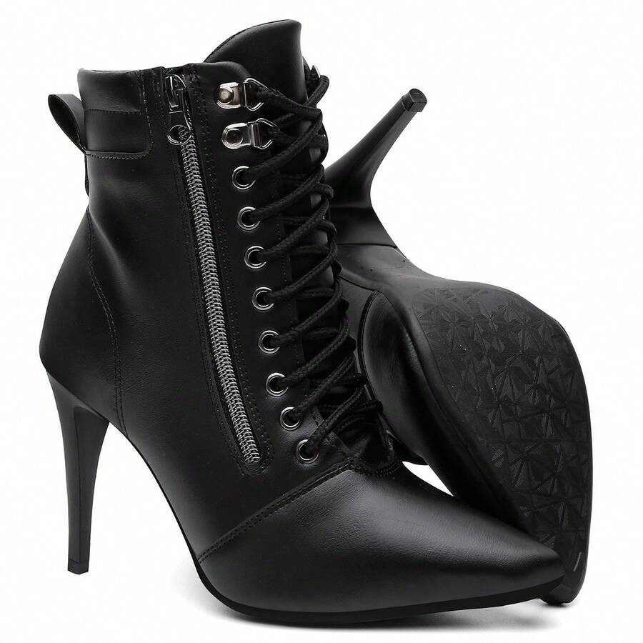 Black Ankle Boot With Chain And Rock Short Shaft - Black - View 1