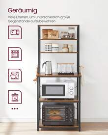 Küchenregal, Standregal, Mikrowellen-Regal, stehend, 6 Ablagen, 6 Haken, Stahlrahmen, Industrie-Design, 40 x 60 x 167 cm, vintagebraun-tintenschwarz - Vintagebraun-Tintenschwarz - Übersicht 5