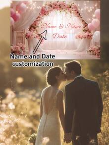 1 szt. personalizowane różowe tło z tiulu na wesele na świeżym powietrzu, spersonalizowane imię i data, tło na ceremonię ślubną i imprezę