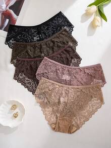 5 pièces/paquet Culottes taille mi-haute ajourées en dentelle pour femmes, couleurs assorties - Multicolore - Voir 4