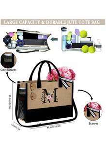 1 set, Bolso de mano tipo tote con estampado de flores con inicial A y correas para el hombro & Set de bolsas de maquillaje con iniciales de la A a la Z, bolso de regalo personalizado con bolsillos laterales, bolso de playa con pañuelo, bolsos de almacenamiento portátiles y de ocio, bolsas de compras multifuncionales, bolsa de almacenamiento simple para viajes