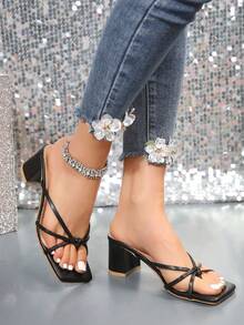 French Breeze Slip-On Sandals, Women Summer Open Toe Square Toe Chunky Heeled Sandals, Elegant Suitable For Dress, Office, Business Gathering, Party - Black - View 3