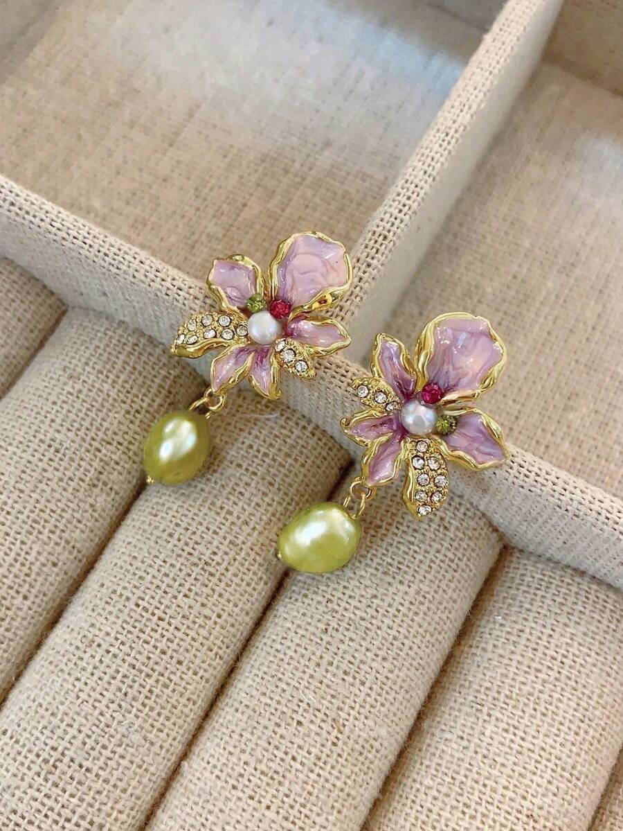 Natural Faux Pearl Flower Earrings For Women, Vintage & Antique Style, Unique Design, New Chinese Style Ear Studs With Elegant Quality, 2025 New Arrival Valentines - 彩色 - 查看 1