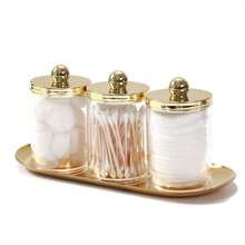 2/3 包 Qtip 支架浴室套装，带金色/银色托盘，亚克力塑料药剂罐，Qtip 分配器罐，带盖