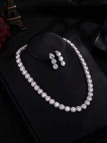 1 Set Luxury Crystal Wedding Bridal Jewelry Set, Including Necklace And Earrings, CZ Zirconia