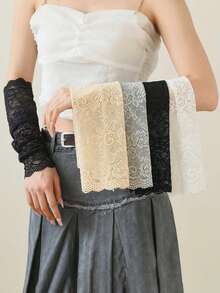 1 双时尚女士长款蕾丝袖套，轻薄透气，夏季防晒，新娘/派对配饰 - 卡其色 - 查看 3