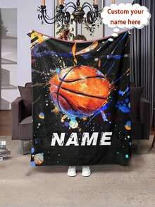 1 Customizable Basketball-Themed Flannel Blanket - Polyester Knit Digital Print, All Seasons, Tear-Resistant, Multi-Purpose Bedding, Stain-Resistant, Machine Washable, Suitable For Home, Office, And Outdoors - Personalized Gift Blanket, Breathable, Lightweight, Washable, Cute, Loving, Warm, Comfortable, Soft, Simple, Customizable, Personalized, Unique