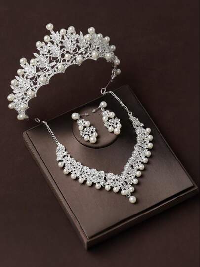 4 pezzi Set di gioielli da sposa per donna, 1 collana e orecchini con corona di perle bianche e cristalli, accessori eleganti e alla moda per la cerimonia nuziale