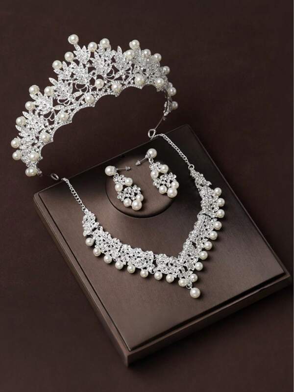 4 Stücke Damen Hochzeitsschmuckset, 1 weiße Perlen Kristall Krone Halskette & Ohrringe, elegante Mode Braut Party Accessoires
