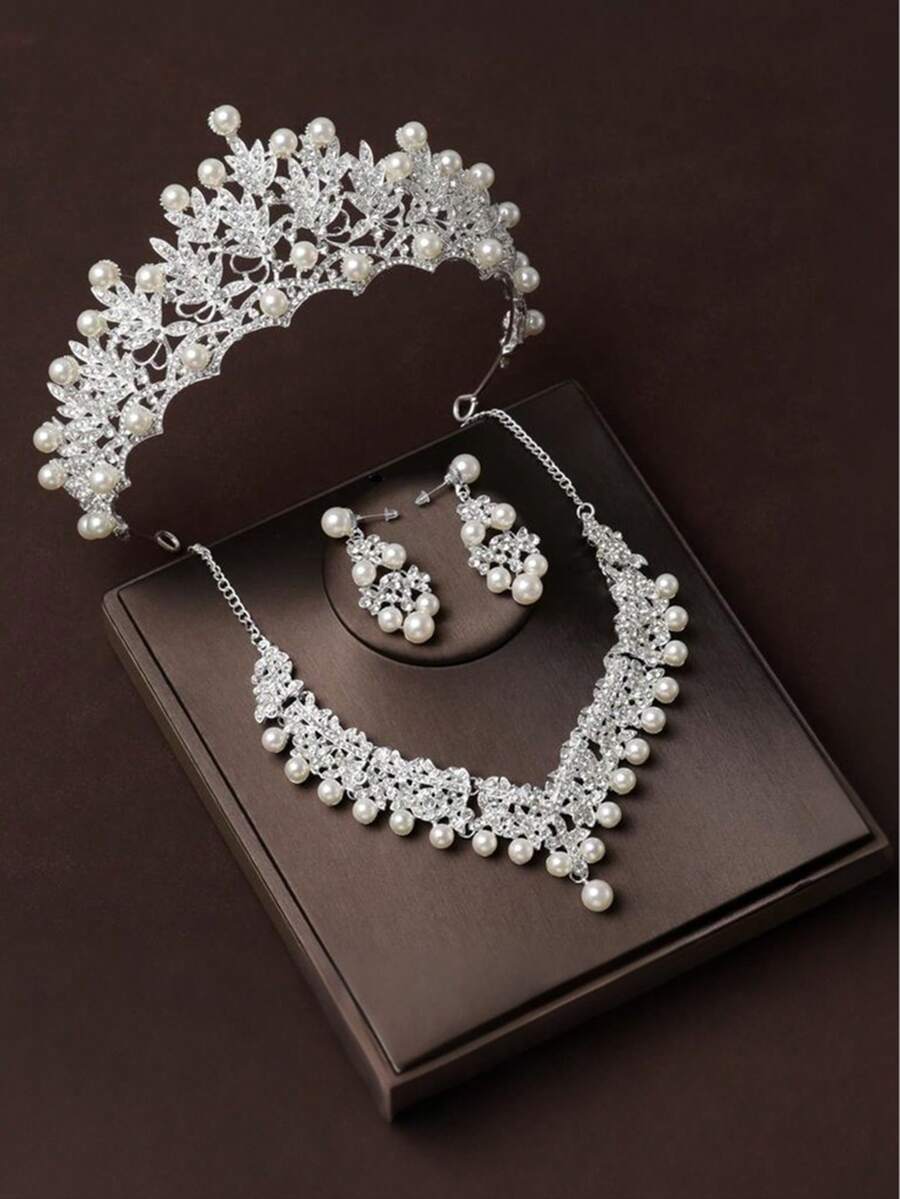 4 件优雅女士婚礼首饰套装：1 条珍珠水晶皇冠项链和 1 对耳环，时尚新娘派对配饰 - 銀色 - 查看 1