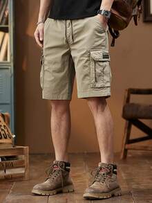 Sensual Star Pantalones cortos holgados de carga para hombres con bolsillos con solapa y cintura con cordón,pantalones cortos casuales tipo hawaiano, pantalones cortos sueltos tipo bermuda, pantalones cortos deportivos,color sólido, resistentes y ligeros, ideales para verano, uso diario, estilo outdoor y ropa casual - Caqui - Ver 2