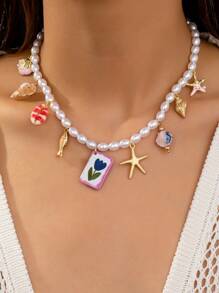 1 Pc Sealife Shell Starfish Charm Necklace , Summer Beach Elements Charms Necklaces Jewelry For Women , Charm Jewelry For Summer , Vocation Jewelry Accessories