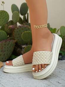Women's Solid Color Bohemian Rhinestone Decorated Thick Sole Sandals, Fashion Buckle Strap Design Summer Flat Casual/Beach Slippers - Beige - View 1