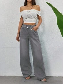 Vintage hellgraue Jeans, Damen Mode Design Lässig Straight Loose Schräg Knopf Jeans, Frühling/Sommer - Hellgrau - Übersicht 6