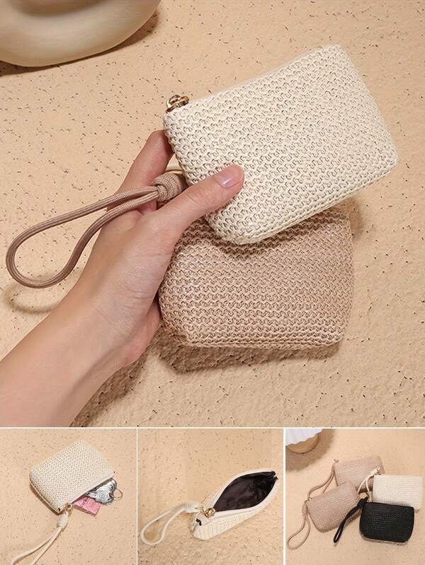 草编零钱包女士小零钱包便携手拿钥匙扣包钥匙和卡片收纳包草编小钱包便携手拿包钥匙卡包手挂收纳包钱包钱包腕带钱包零钱包