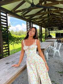 ii Floral Print Midi Dress Flowy Split Dresses A Line Casual Sundress For Summer