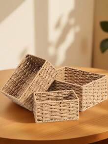 1pc/3pcs Desktop Storage Box, Handmade Rattan Woven Organizer Tray For Cosmetics, Keys, Snacks, Home Living Room, Bedroom, Study, Office, S/M/L Sizes Available,For Back To School - Khaki - View 6