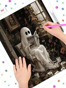 Ghost Reading Newspaper In The Toilet Diamond Painting New Style DIY Hand-Unzipped Diamond Stickers Healing Halloween Theme Frameless Painting Round Diamond Decoration Hanging Painting - 彩色 - 查看 6
