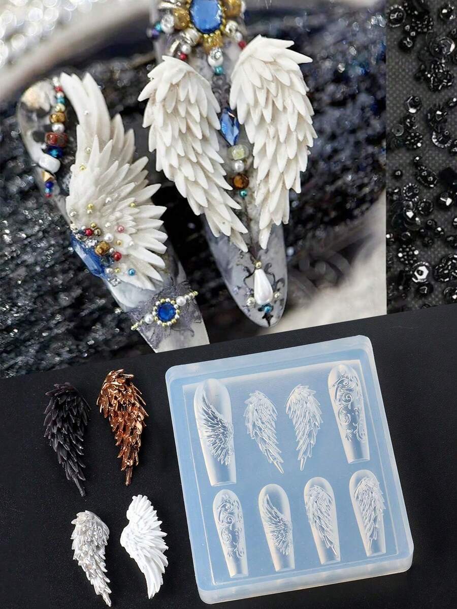 5D立体天使翅膀硅胶美甲雕刻模具，复洛克哥特风格美甲模板，美甲工具，美甲用品，美甲配件 - 無色 - 查看 1